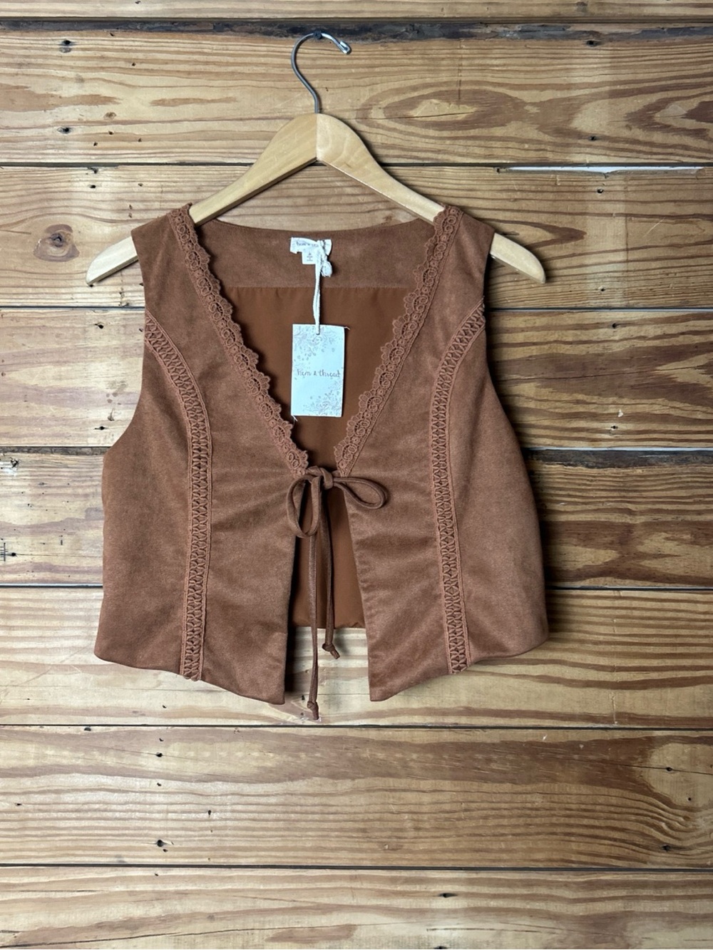 Hem & Thread Rust Tie-Front Suede-Look Crop Vest